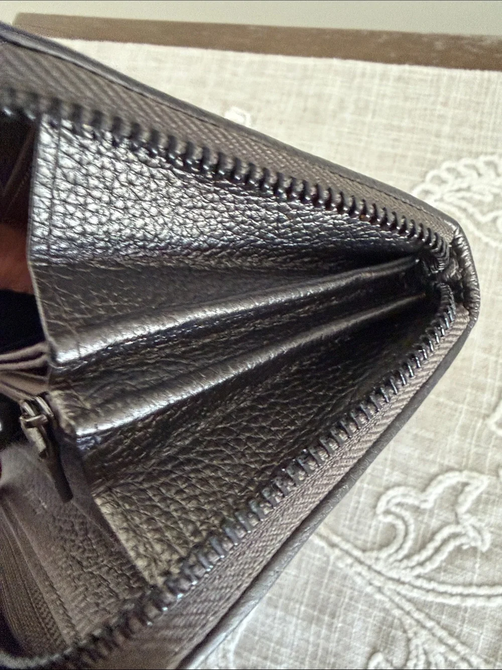 Cole Haan Quilted Metallic Grey Pewter Zip Around Wallet with Tassel Pull